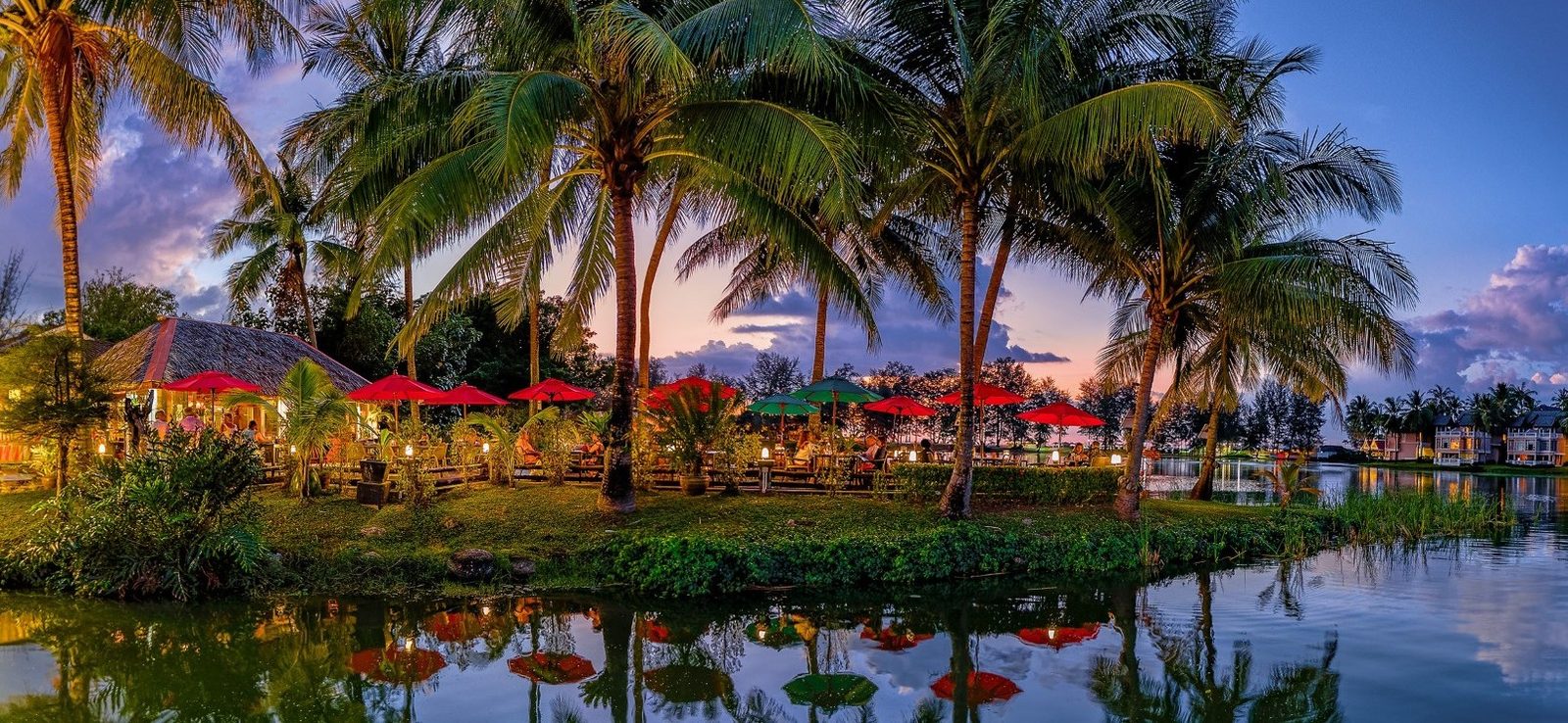Sunset over the lake and palm trees at Albatross Café, Canal Village