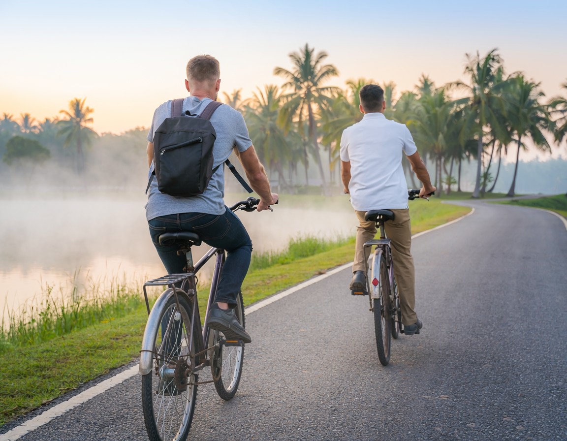 Two colleagues cycling to work along a lakeside path in the morning (illustration) Two colleagues cycling to work along a lakeside path in the morning (illustration)
