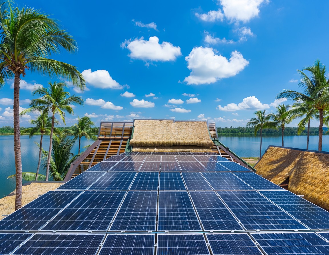 Solar panels on a lakeside restaurant roof among coconut palms (illustration) Solar panels on a lakeside restaurant roof among coconut palms (illustration)