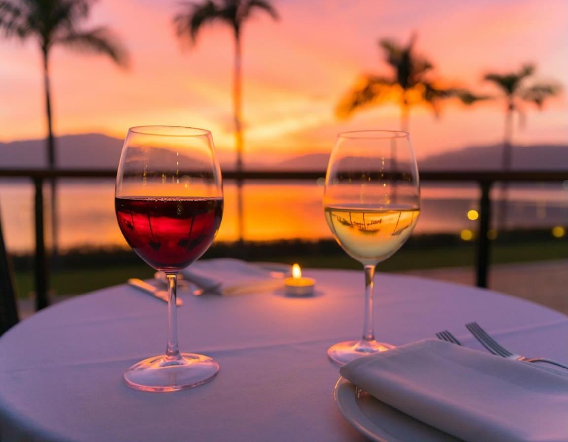 Red and white wine by the glass on a lakeside table at sunset (illustration)